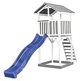 AXI Beach Tower Spielturm aus Holz in Weiß & Grau | Spielhaus für Kinder mit Blauer Rutsche und Sandkasten | Stelzenhaus für den G