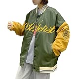 Damen-Baseballjacke, langärmelig, Y2K, leger, lockerer Buchstabendruck, Farbblock, Knopfleiste, übergroße Hip-Hop-Jacke, armee-grün, 46