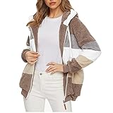Women Contrasting Plush Padded Coat,Loose Plush Zip Hooded Jacket,Loose Plush Multicolor Fluffy Hoodie,Women Coat and Jacket (Khaki, 3XL)