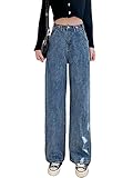 Dubute Damen Lässige einfarbige High Waist Retro Denim Hose mit geradem Bein Lose Jeans (Dark Blue, XL)
