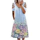 AmShibel Sommerkleider für Damen, lässig, V-Ausschnitt, kurze Ärmel, Schulterriemen, Sommerkleid mit Reißverschluss, Midi-Kleid, Blumen-Hellblau, L