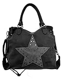 Star Bag Niet Vintage Stern Damen Tasche Fashion Shopper Henkeltasche Canvas Stoff mit Niete (Schwarz (PU Leder))
