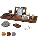 Temple Spring Badewannenablage mit Halter für Kerze, Weinglas, Buch, Tablet, iPad & Telefon Ausziehbare/verstellbare Brücke aus natürlichem Holz als Badewannenablage. Zu 100% aus Bambus (Braun)