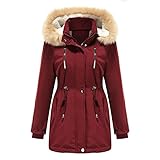 EMATOP Damen Winterparka Winterjacke Kunstfell Mantel Jacke Teddyfell Gefüttert Wintermantel Dicker Warm Outdoorjacke mit Kapuze Winddicht Baumwolljacke Tailliert Einfarbig Outdoorjacke Outw