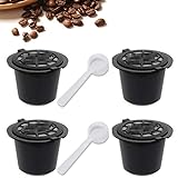4 x Nachfüllbare Wiederverwendbare Kaffeekapseln für Nespresso-Maschinen Kaffeekapsel mit Netzfilter und 2 Plastiklöffeln - Schw