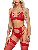 Avidlove Damen Unterwäsche Spitzen Dessous Set Negligee Reizwäsche Strapsen Nachtwäsche Babydoll BH mit G-String Sexy Lingerie 3tlg Rot C XL