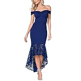 ZzheHou Frauen Abendkleid Abendkleid Langer Rock Sexy Wort Kragen-Kurzschluss-Hülsen-dünne unregelmäßige Rock-Rand-Spitze-Stitching-Kleid (Farbe : Blau, Size : S)