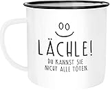 Moonworks Emaille Tasse Becher Lächle du kannst Sie nicht alle töten Büro Kollegen Kaffeetasse weiß-schw