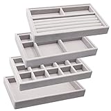 Schmuck Tabletts Organizer, Schmuckablagen 4er-Set, stapelbarer Schmuckschubladen Organizer für Ohrring Armreif Armband Halskette und Ringe Aufbewahrung Schmuckschatulle Schmucktablett (grau)