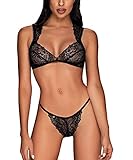 Frauen Dessous Set aus Träger Spitzen-BH, Panty und Bänder in Schwarz Neckholder elastisch Stretch Größe: L/XL
