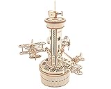 Robotime 3D Holzpuzzle Spieluhr Modellbausatz Mechanische Flugkontrollturm Holz Bastelset für Kinder über 14 Jahre und Erw