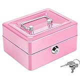 Kasse für Bargeld Münzen Scheine, Geldkasse Box Abschließbar, Mini Tragbare Safe-Sicherheitsbox, Kleine Geldkassette mit Schlüsselschloss, mit 2 Schlüsseln, für Loses Geld, Münzen (Rosa)