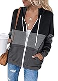 MAGIMODAC Kapuzenjacke Damen Sweatjacke Farbblock Kapuzenpullover Sweatshirt Jacke Hoodie Kapuzenpulli Pullover mit Kapuze Reißverschluss Taschen (Farbblock-Schwarz, XL)