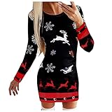 MINGCHE Damen Weihnachtspullover Pulloverkleid Kleid PulloverHerbst Winter Damenmode Casual Frohe Weihnachten Printed Langarm Hoodie Sweatshirt Kleid mit Taschen Kleider Mode Tops Minik