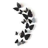 JUN-H 12 Stück 3D Schmetterlinge Set Wandtattoo Wasserdicht PVC Aufkleber DIY Wandkunst Wanddeko für Wohnung, Raumdekoration Klebepunkten+Magnet (Schwarz)