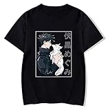 Phoetya Anime Jujutsu Kaisen T-Shirt für Erwachsene Männer Fushiguro Megumi mit Katze gedruckt Kurze Ärmel Tee(m Schwarz)