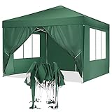 TOOLUCK 3x3m Pavillon Faltpavillon Wasserdicht Popup Pavillon UV-Schutz Gartenpavillon Bierzelt mit 4 Seitenteilen, Grü