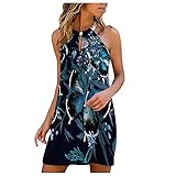 Damen Kleider Metall Rundhalsausschnitt Aushöhlen Kurzes Kleid Knielanges Kleid Sommer Vintage Print Strandkleid Off-Shoulder Baggy A-Line Kurzer Rock (Black,L)