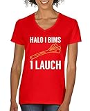 Comedy Shirts - Halo I Bims 1 Lauch - Damen V-Neck T-Shirt - Rot/Weiss-Gelb Gr. L