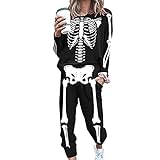 Damen 2 Stück Set Outfit Langarm Sweatshirt und Jogger Trainingsanzug Skelett Print Halloween Kostüm (Schwarz, Medium)