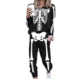 Damen 2 Stück Set Outfit Langarm Sweatshirt und Jogger Trainingsanzug Skelett Print Halloween Kostüm (Schwarz, Medium)