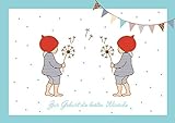 'Zur Geburt die besten Wünsche' Glückwunschkarte zur Geburt für Zwillings Jungen (Babykarte/Zwillinge Baby Karte/Klappgrußkarte) mit 2 Wichtelmännchen und Girlande in Blau. (Mit Umschlag) (1)