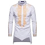 QWERD Männer Muslimische Bronzedruck-T-Shirts Arabisch Islamische Afrikanisches Dashiki-Hemd Stand-Kragen Langarm-Knöpfe Hemden Robe Herren Lange Hemd Afrika Drucken Langarmshirts T-Shirt Bluse Top