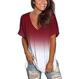 EMATOP Damen T-Shirt Kurzarm Tee Tops Sommer Oberteile Farbverlauf Shirt Hemd Bluse Casual V-Ausschnitt Frauen Tshirt Loose Oversize Shirt Elegant Basic Shirts Teenager Mädchen Sw