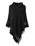 Ferand Damen Kapuzen Poncho mit Häkelborde, Cape für Frauen aus Strickmaterial mit Zierfransen, Schw