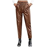 Damen Hose Kunstleder - Faux Leather Pant Lederimitat Hose Loose Pu Pants Lederhose Lässige Solide Punk Pu-Hose Mit Taschen Streetwear Damen Hose In Leder Optik