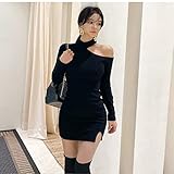 WRYIPSF Herbst Winter Korean Fashion Style Schwarz Elegant Sexy Trägerlosen Halter Bottoming Bodycon Kleid Frauen Solide Schlankes Kleid,Schwarz,L