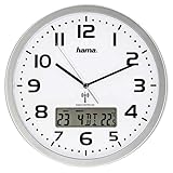 Hama 186333 Funk-Wanduhr digital (große Funkuhr mit analoger Zeitanzeige, Wanduhr mit digitaler Kalender- und Temperaturanzeige, inkl. Batterie) silb