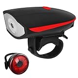 AISEN Fahrradbeleuchtung Set, Fahrrad Lichter LED Set, Fahrradlicht mit Horn, Fahrradlampe USB Aufladbar, Frontlicht, Rücklicht, 3 Beleuchtungsmodus, Wasserdicht, Ladekontrollleuchte (Rot-1)