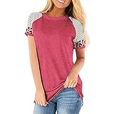 PEOD Blusen Damen Sommer Oversized Kurzarm Oberteil Tunika Tops T-shirt Rundhals Leopardenmuster Streifen Tuniken Crop Tops Tees Shirts Frauen Elegante Basic Farbblock Baumwolle Kurzarmhemd Sommertop