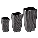 Dekoratives 3 er Set Blumentopf Blumenkübel Kunststoff Pflanzeinsatz Rattan Quadrat 4 Farben 3 Größemvarianten (Graphit, M)