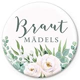 BUTTON MATT BRAUTMÄDELS ROSEN GRÜN WEIß ZWEIGE BOHO HIPPIE Hochzeit Junggesellenabschied JGA Party Trauung feierliche Anlässe Nadel-Anstecker Ø50 mm Nadelbutton Pin Ansteck