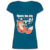 Eulen, Füchse & Co. - Heute Bin ich süß! Fuchs - 3XL - Türkis - V-Neck - XO1525 - Damen T-Shirt mit V