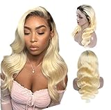 XFSHKJS 20 Zoll Lace Front #613 Hellblonde Perücken Echthaar mit Babyhaar Vorgezupftes Haar Körperwelliges Haar Lange lockige Perücken für alle Hautfrauen 150% Dichte A/