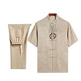 FMOGQ Tang Suit Herren traditionelle chinesische Kleidung, Kung-Fu-Hemd, Uniform, Tai-Chi-Uniform, Kampfsport-Anzug, Sommerkleidung, Leinen, kurzärmeliges Hemd und Hose, G