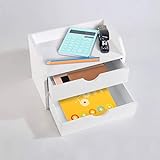 AHDECOR Schreibtisch Organizer mit 1 Ablagen und 2 herausnehmbaren Schubladen Aufbewahrungsbox als Briefablage fürs Büro, Weiß, 22 x 13 x 16