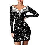 Minikleid Damen Mesh Sexy Partykleid Langarm Festlich Kleid Bodycon V-Ausschnitt Wickelkleid Ballkleider Kurz Abendkleid Glänzend Club Cocktailkleid Party Abend Kostüm (Weiß-14, XL)