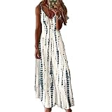 Damen Casual Kleider Maxikleid A Linie Camisole Strandkleid Freizeitkleid Tie-Dye-Druck Spaghetti Strap V-Ausschnitt Lange Sommerkleid (5XL,Weiß)