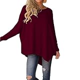 Hevoiok Heiß Herbst T-Shirt Damen Mode Freizeit Pure Farbe Oberteile Hemdbluse locker Batwing Langarm Shirt Bluse Tops (Weinrot, XL)