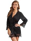 DIDK Damen Morgenmantel Bademantel Satin Sexy Kimono Kurz Robe mit Gürtel Nachthemd für Braut Nachtwäsche mit Blumenspitze Schwarz S