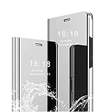 MLOTECH Kompatibel mit Samsung Galaxy A5 2017 Hülle,Cover + Panzerglas schutzfolie Flip Transluzent View Miroir Handyhülle Anti-Schock Spiegel Standfunktion Schutzhülle Silb