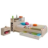 Funktionsbett Charly 90 * 200 cm inkl. Kopfteil(Regal) + Bettkasten + Ablagetisch + Nachtkommode Akazie grau weiß Jugend Kinderzimmer Kinderb