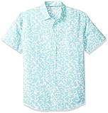 Amazon Essentials Herren-Hemd, Kurzarm, reguläre Passform, bedruckt, aus Leinen, Aqua Leaf Print, US XL (EU XL - XXL)