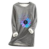 TTWOMEN Damen Rundhals Langarm Warme Unterwäsche Tops Dicker Fleece Print Lose Pullover Sw