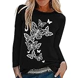 Sweatshirt Damen Elegant Oberteile Schmetterling Print Bluse Top Mode Frühling Herbst Langarmshirt Casual Loose Oberteil Shirt Frauen Rundhals Schlank Tunika Kleidung S-XXL