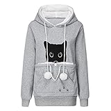 UJUNAOR Damen Pullover Katzentasche Kapuzenpullover mit Reißverschluss Schicke Longshirt Hoodie Outwear Pulli Langarm Sweatshirt Casual Sweatjacke Große Tasche Pouch Hood Carry Cat Atmungsak